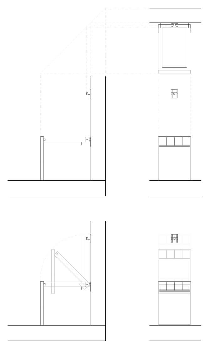 Projection Drawings showing how the Foldtable furniture design works in plan and elevation